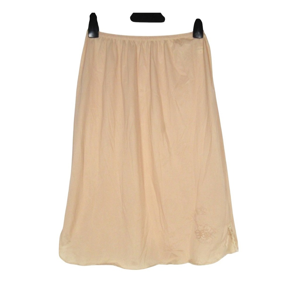 VTG KAYSER Beige Nylon FLORAL LACE EMBROIDERED Side Slit A-LINE HALF SLIP Sz M